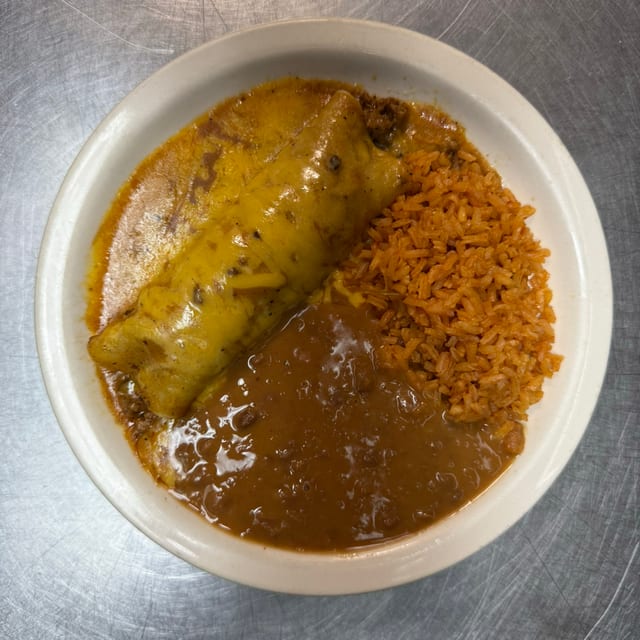 Kids Cheese Enchilada with Rice & Beans.