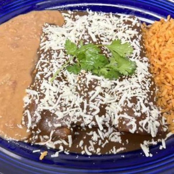 Mexican enchiladas with dark mole sauce, shredded cheese, cilantro, refried beans, and rice on a blue plate.