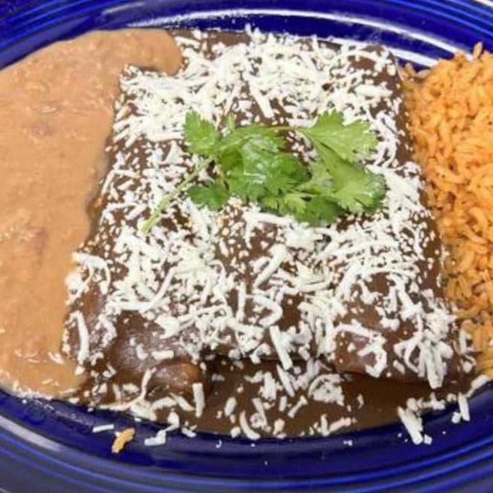 Mexican enchiladas with dark mole sauce, shredded cheese, cilantro, refried beans, and rice on a blue plate.
